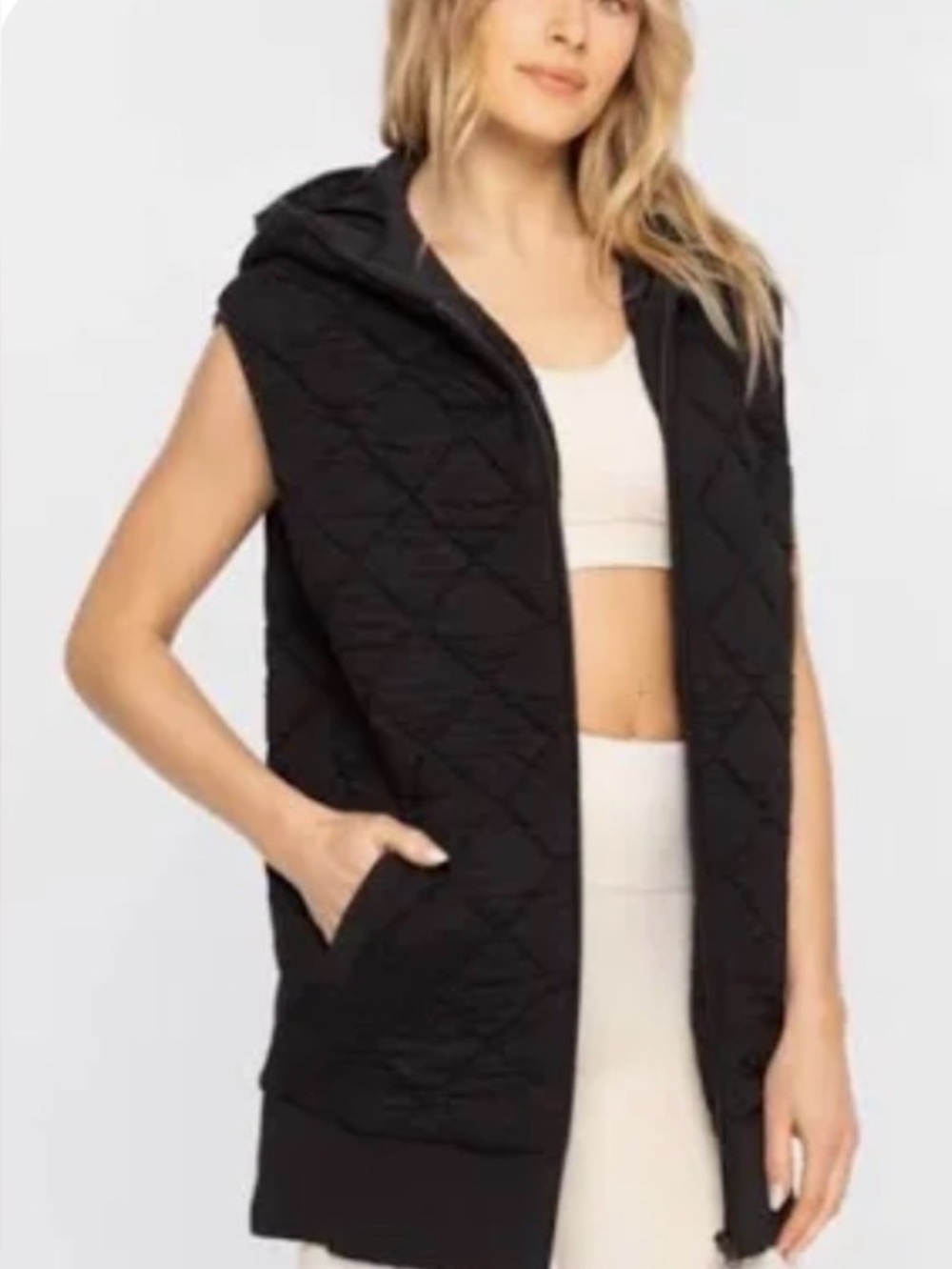 Mono B Oversized Quilted Hooded Vest - Black (size M)